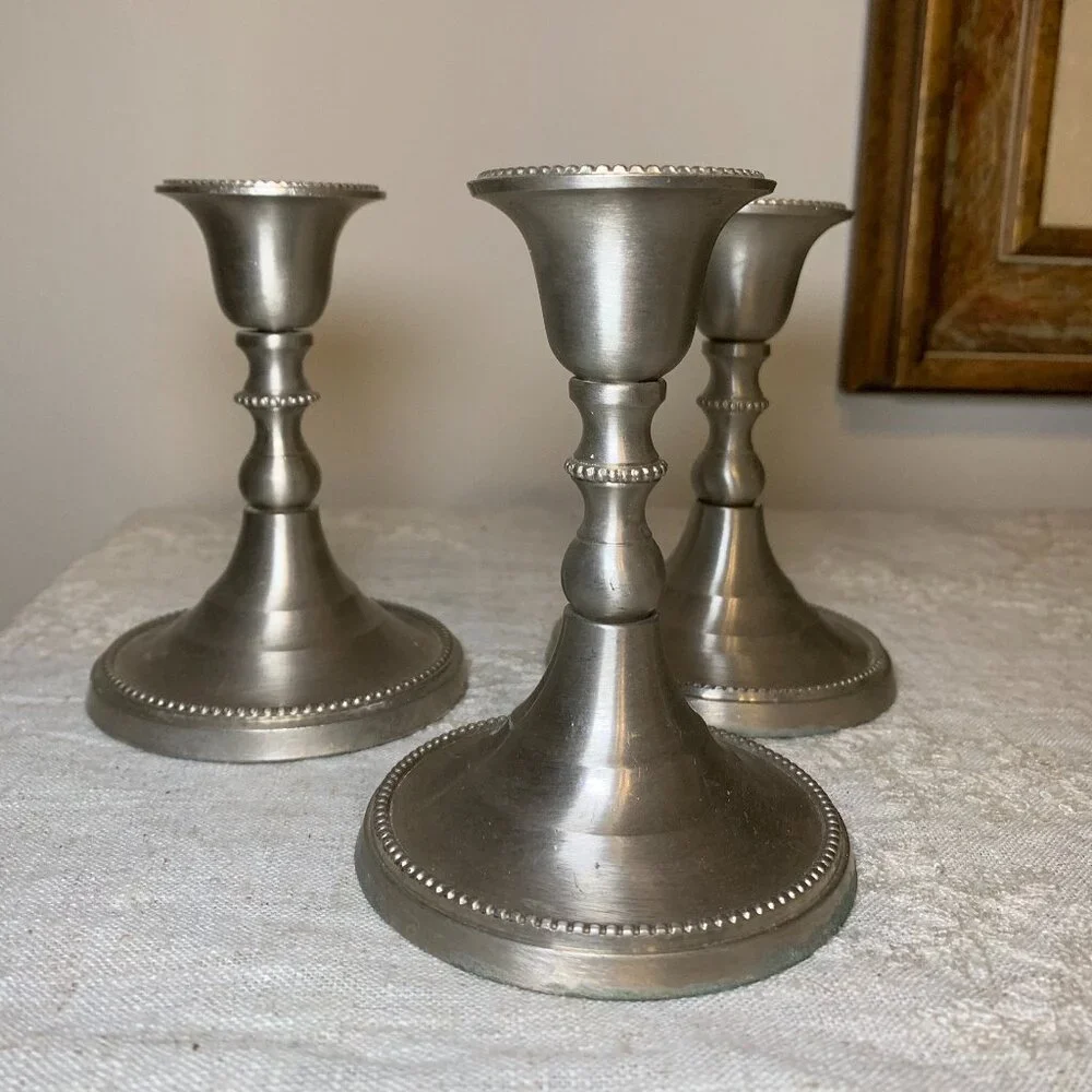 Colonial Taper Candlestick Holders with Beaded Roping Vintage Pewter Set of 3